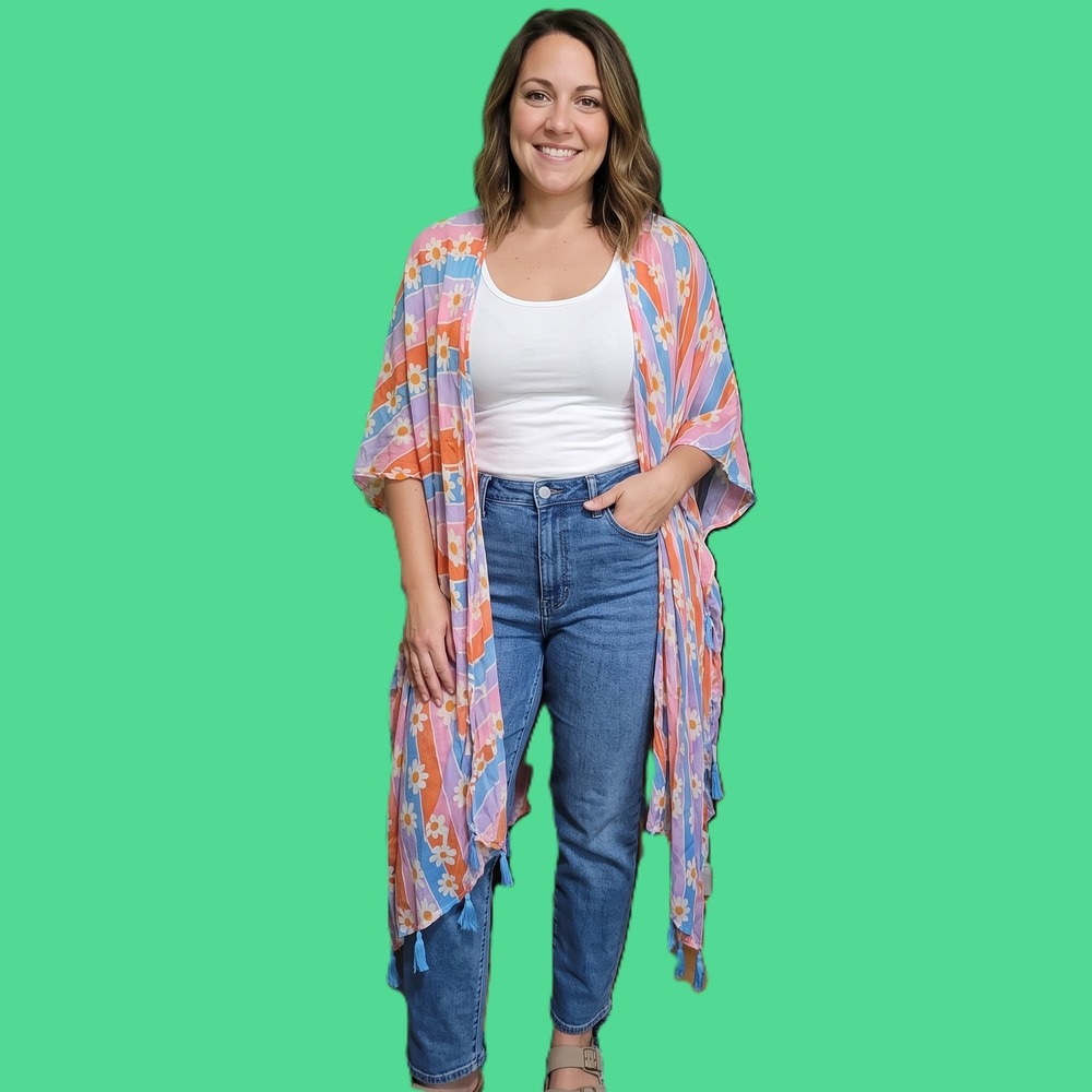 NEW KatyDid Womens Retro Daisy Floral Striped Kimono Cover Up Fringe OS